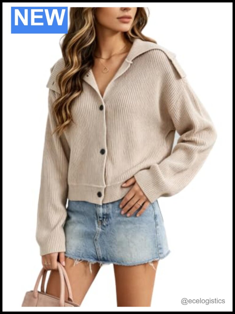 Women Long Sleeve High Neck Loose Knit Cardigan Sweater with Buttons